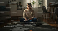 Young Woman Studying at Home in Cozy Living Room
