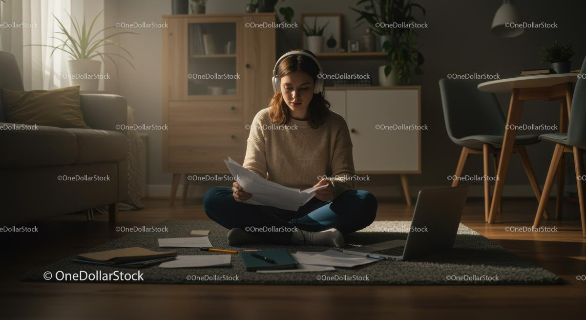 Young Woman Studying Papers at Home in Cozy Living Room