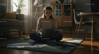 Young Woman Working in Cozy Living Room with Laptop