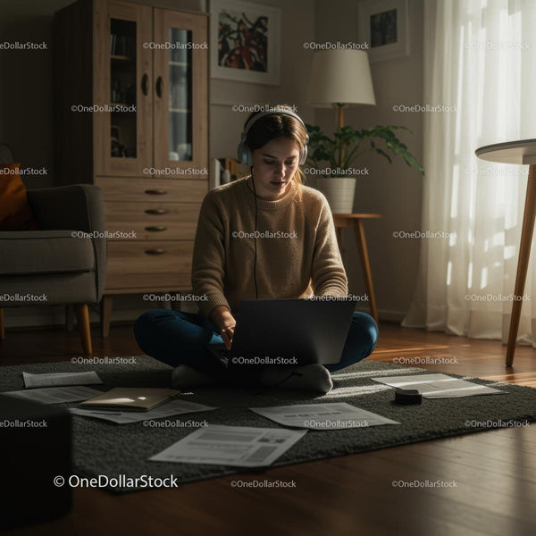 Skupiona kobieta pracująca zdalnie na laptopie ze słuchawkami