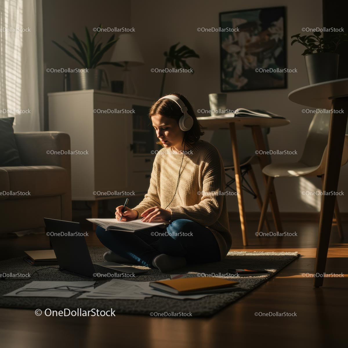 Young Woman Studying at Home with Headphones