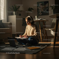 Young Woman Studying at Home with Headphones