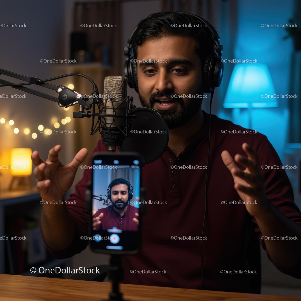 Engaging Podcast Host in Cozy Home Studio Setup (9 Images)