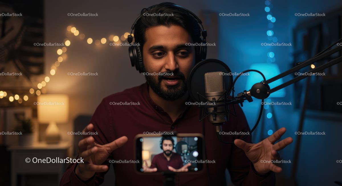 Male Host Recording Podcast in Cozy Home Studio