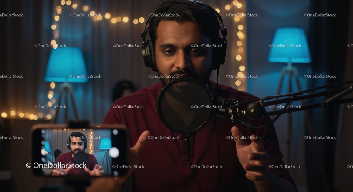 Engaging Podcast Host in Cozy Home Studio Setup