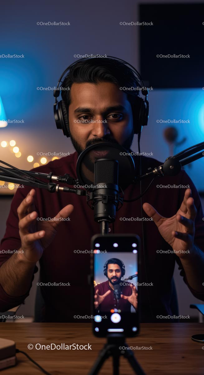 Professional Podcaster Recording in Studio with Microphone