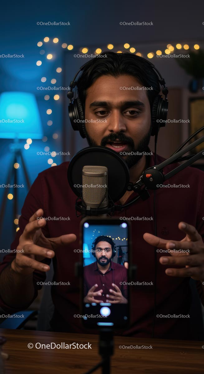 Content Creator Recording Podcast in Home Studio