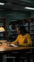Focused Student Studying in Library with Books and Lamp