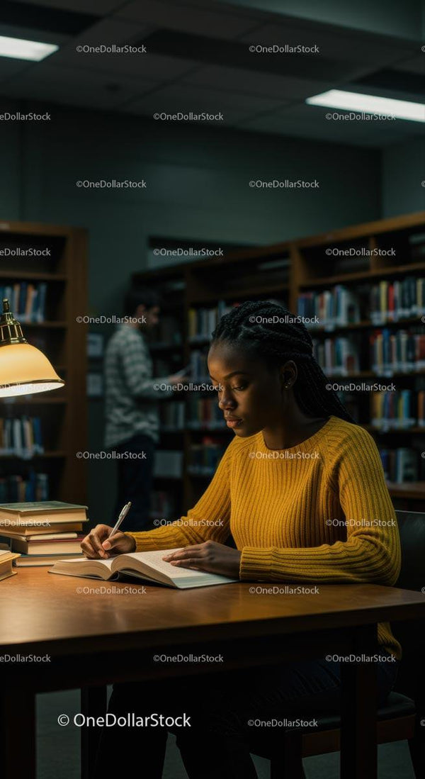 Skoncentrowana studentka ucząca się w bibliotece przy książkach i lampie