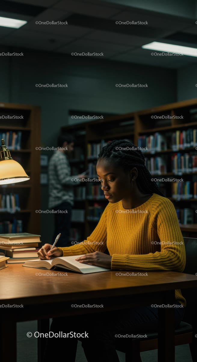 Focused Student Studying in Library with Books and Lamp