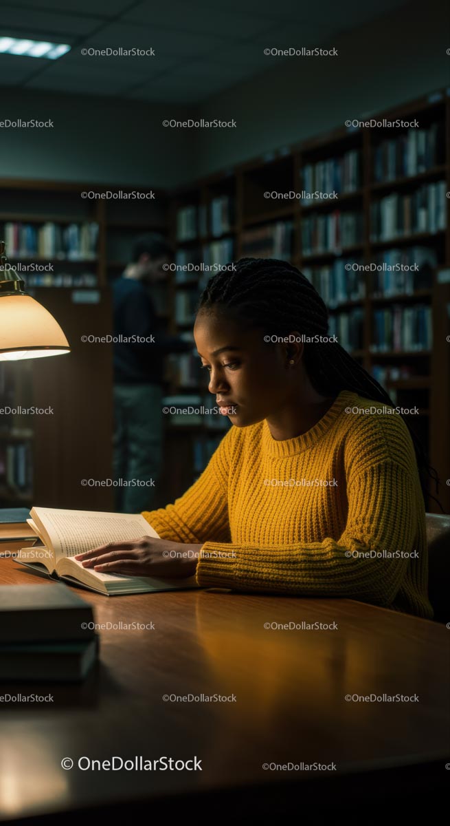 Focused Student Reading in a Cozy Library Ambiance