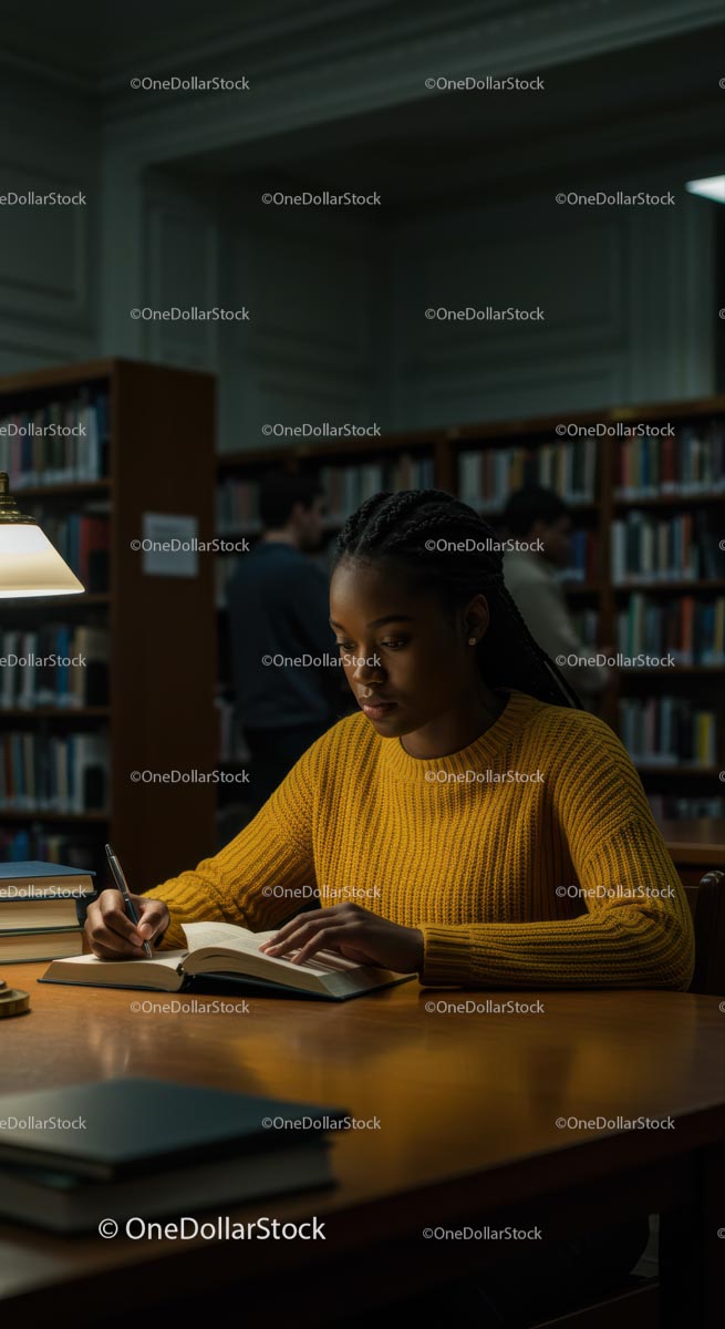 Young Woman Studying in Library with Book and Lamp