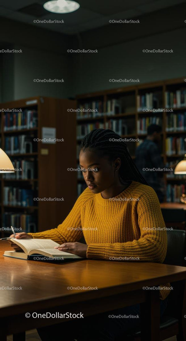 Skoncentrowany student czytający przy przytulnym świetle wieczoru w bibliotece