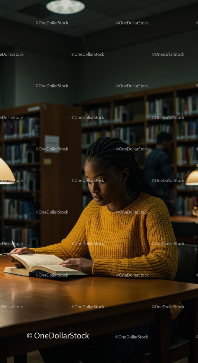 Focused Student Reading in Cozy Library Evening Light