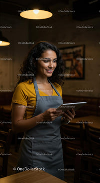 Smiling Barista Using Tablet in Cozy Coffee Shop