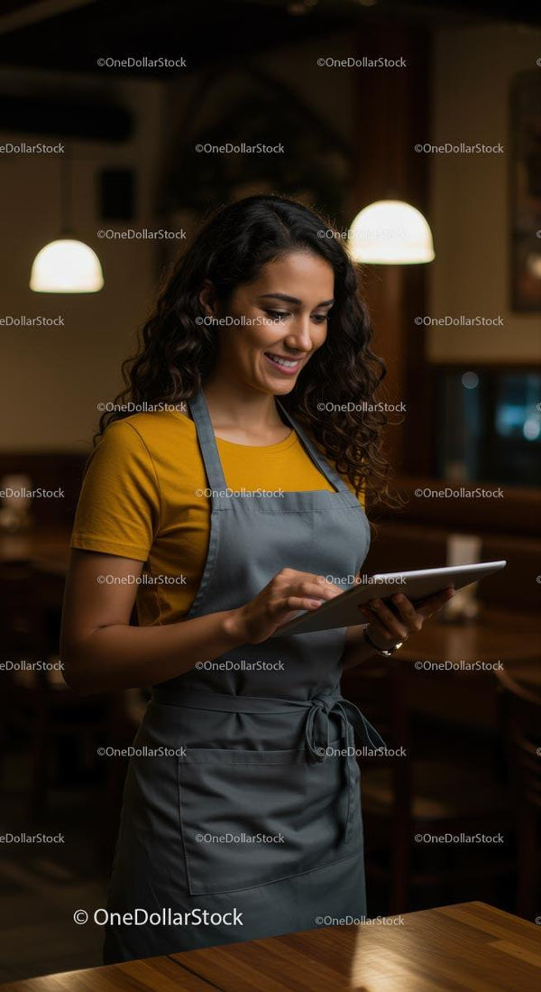 Uśmiechnięta kelnerka korzystająca z tabletu w przytulnej restauracji