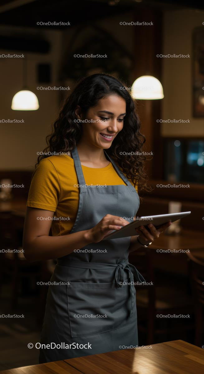 Smiling Waitress Using Tablet in Cozy Restaurant