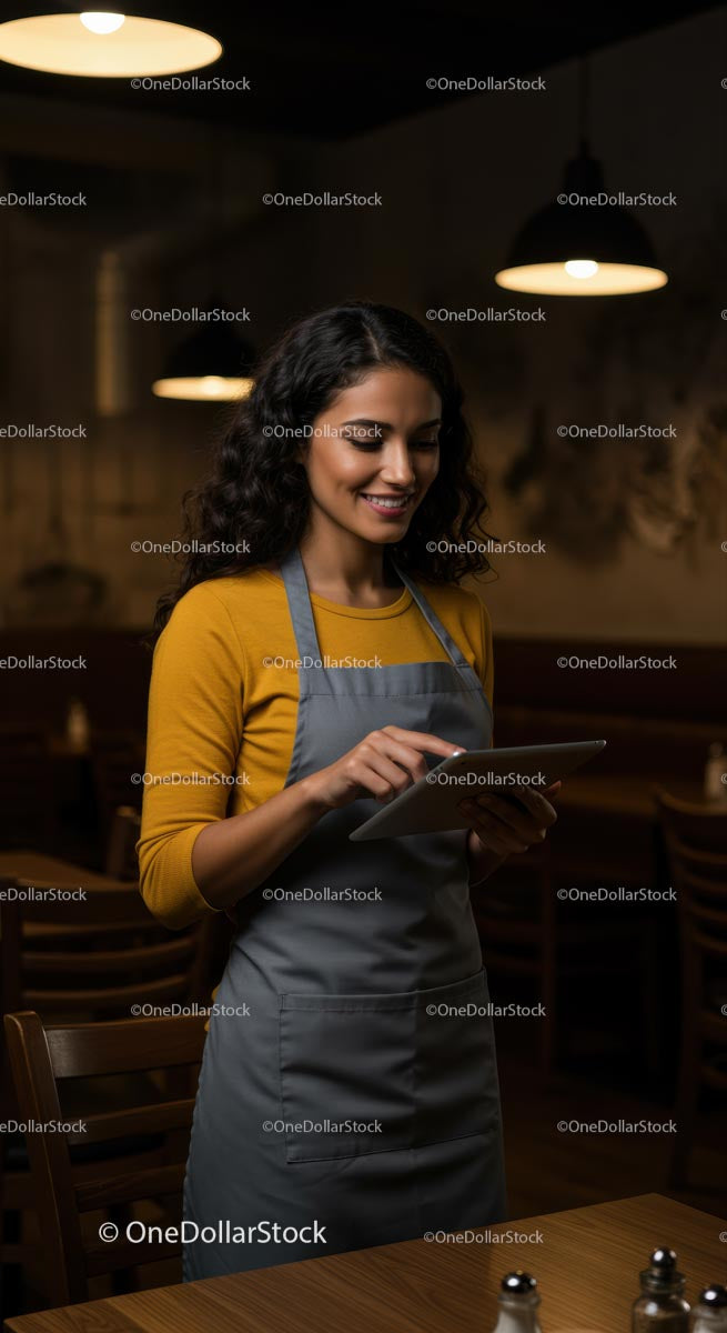 Smiling Barista Using Tablet in Cozy Coffee Shop