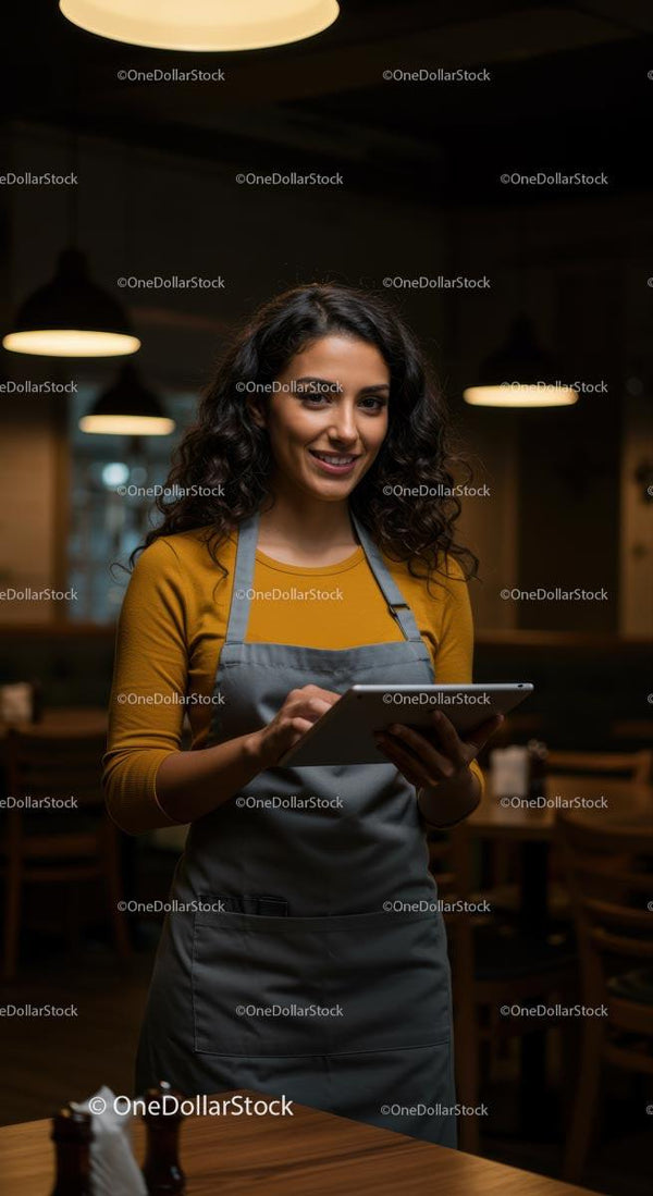 Uśmiechnięta kelnerka korzystająca z tabletu w przytulnej restauracji