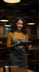 Smiling Barista Using Tablet in Cozy Coffee Shop