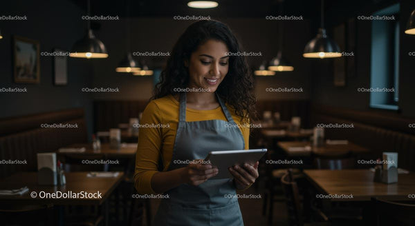 Smiling Restaurant Server Using Tablet in Cozy Cafe