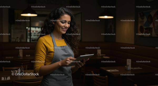 Smiling Woman Using Tablet in Cozy Restaurant Setting