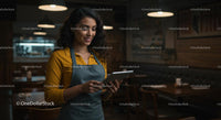 Smiling Waitress with Tablet in Cozy Restaurant