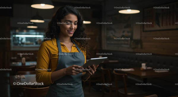 Uśmiechnięta Kelnerka z Tabletem w Przytulnej Restauracji