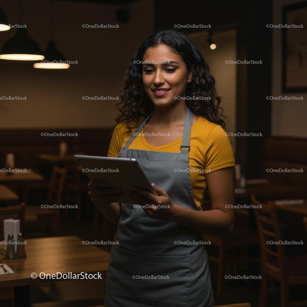 Kelnerka korzystająca z cyfrowego tabletu w przytulnej restauracji
