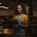 Smiling Barista Using Tablet in Cozy Coffee Shop