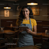 Smiling Barista Using Tablet in Cozy Coffee Shop