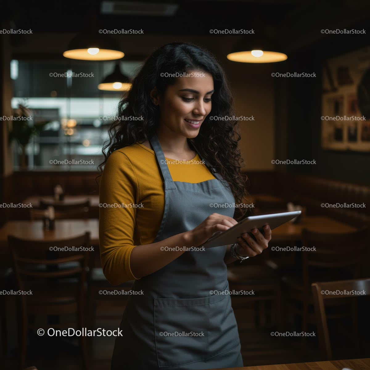 Smiling Barista Using Tablet in Cozy Modern Cafe