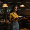 Smiling Barista Using Tablet in Cozy Coffee Shop