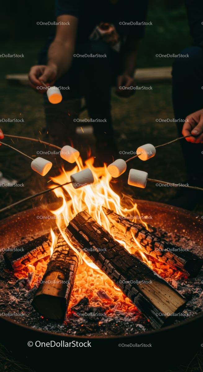 Group Roasting Marshmallows Over a Cozy Campfire in Evening