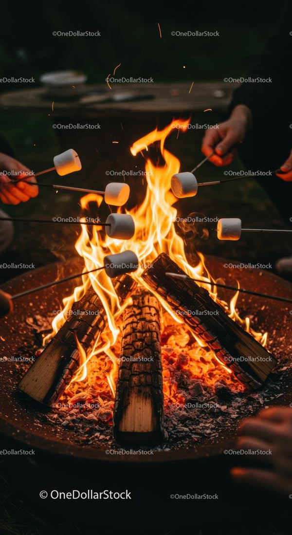 Pieczenie pianek marshmallow nad ogniskiem wieczorem
