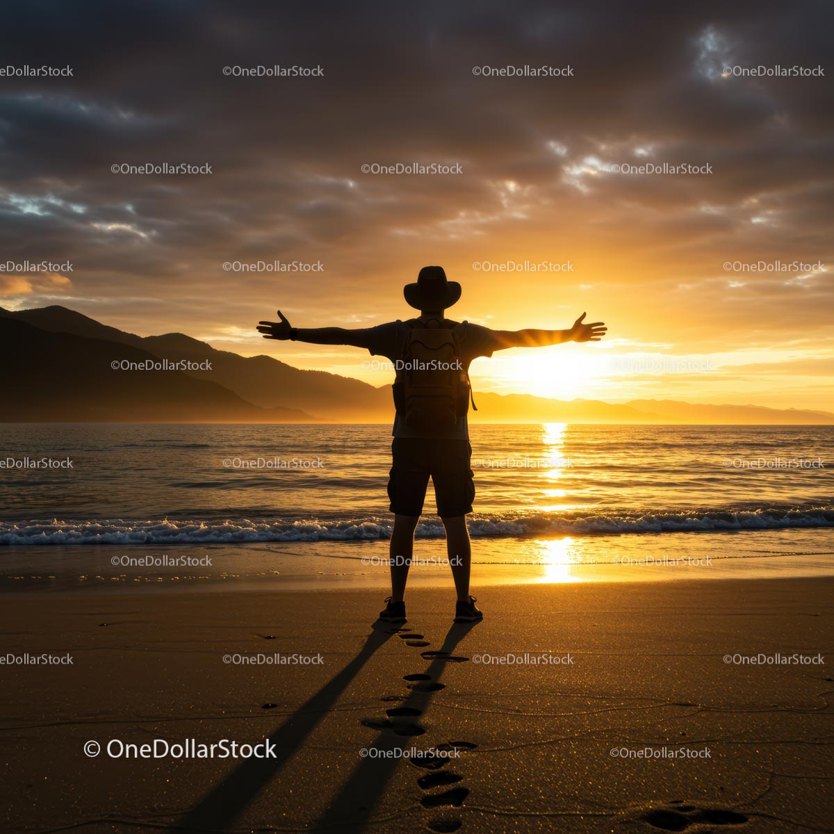 Traveler Enjoying a Serene Sunset on the Beach