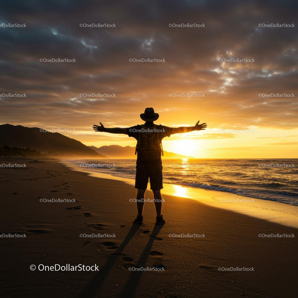 Traveler Embracing the Sunset on a Serene Beach