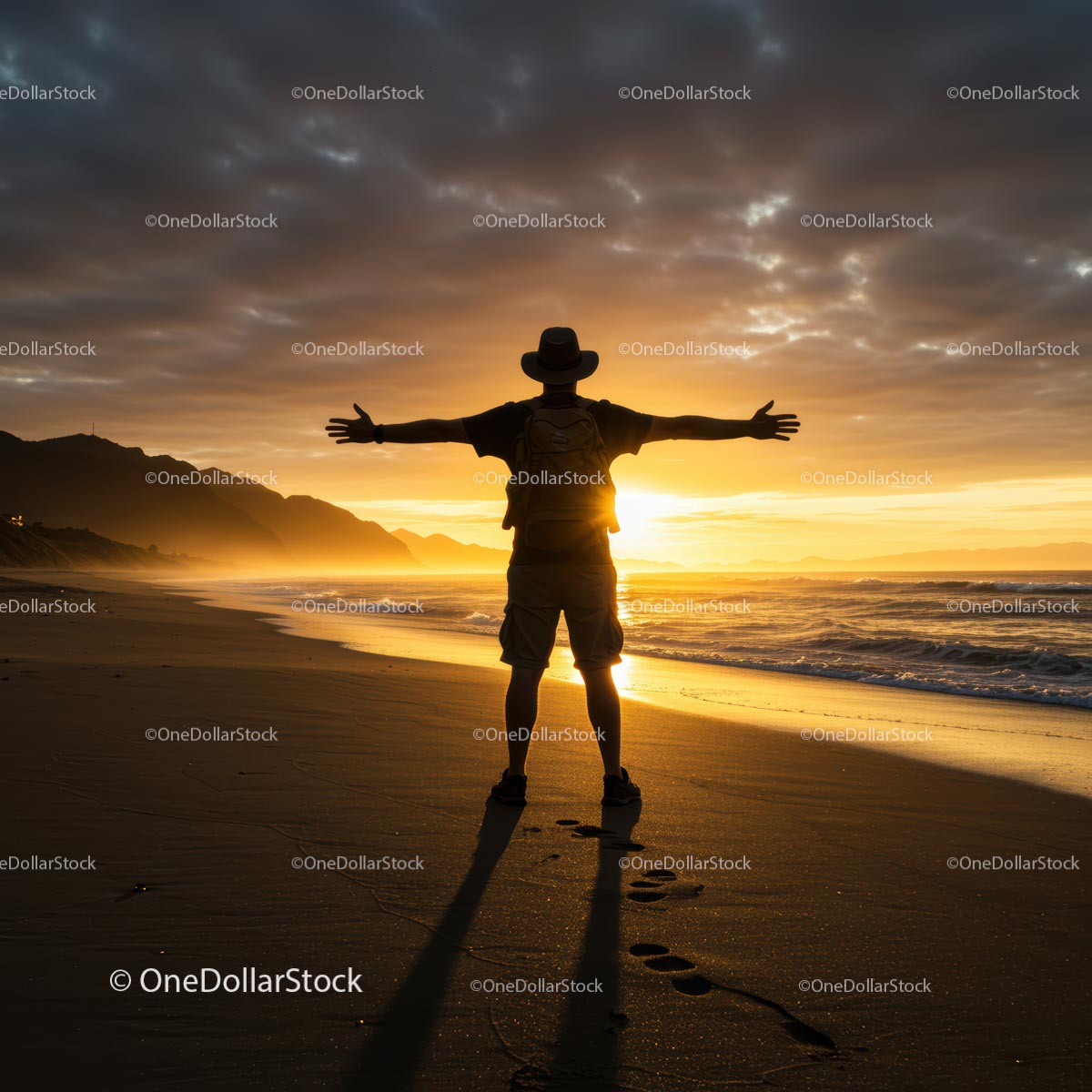 Traveler Silhouette at Sunset on Scenic Beach
