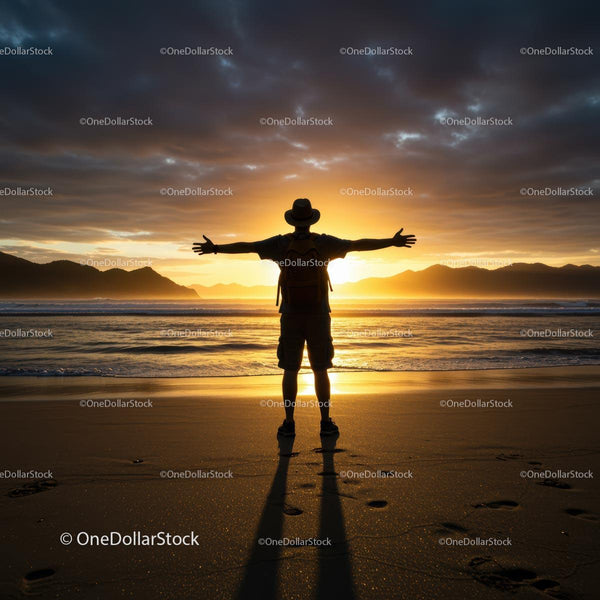 Traveler Embracing Sunset on Sandy Beach