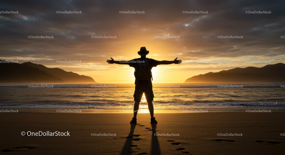 Traveler Embracing Sunset on Scenic Beach