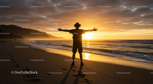 Silhouette Enjoying Tranquil Sunset on Sandy Beach