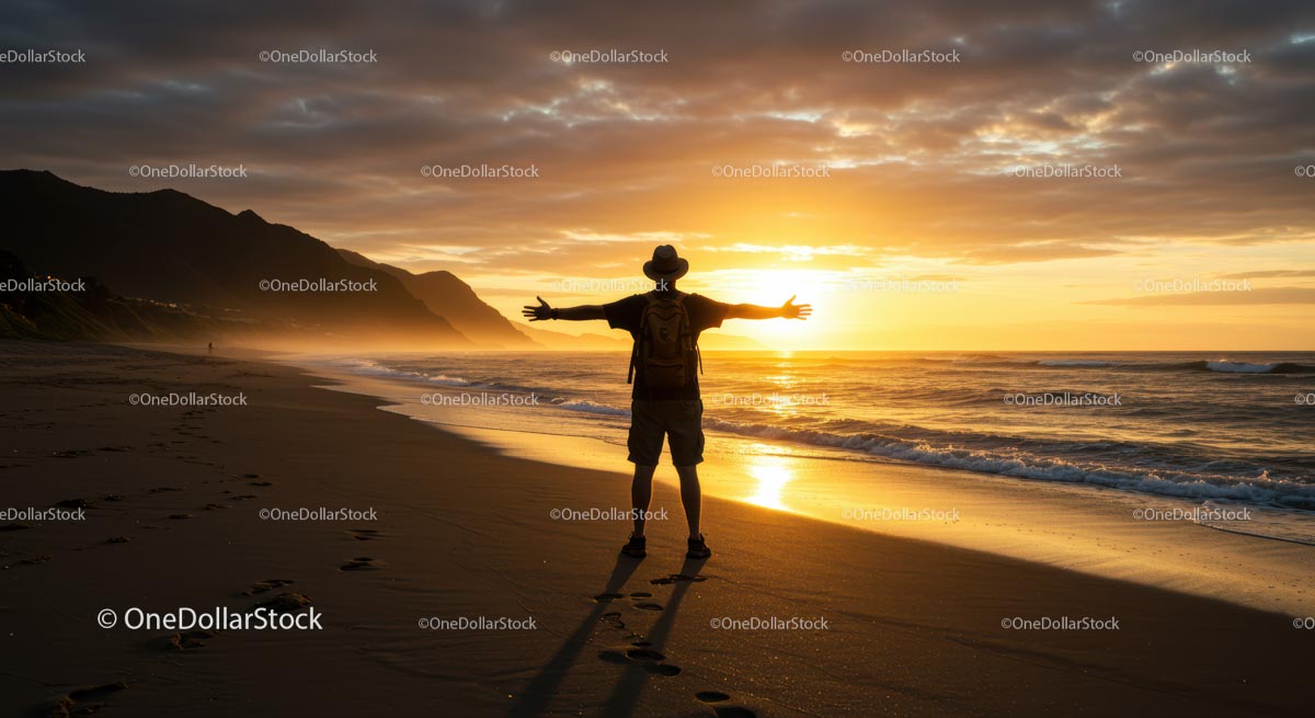 Silhouette of Traveler Embracing Sunset on Beach