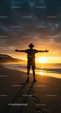 Traveler Embracing a Stunning Beach Sunset