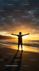 Silhouette of a Traveler Embracing Sunset on Beach