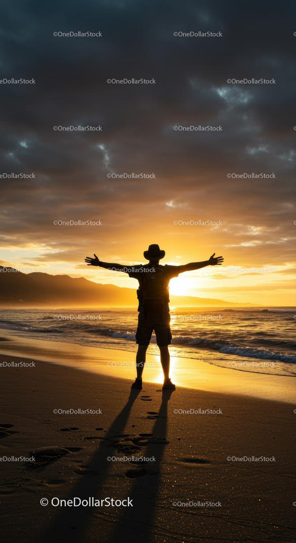 Silhouette of a Traveler Embracing Sunset on Beach