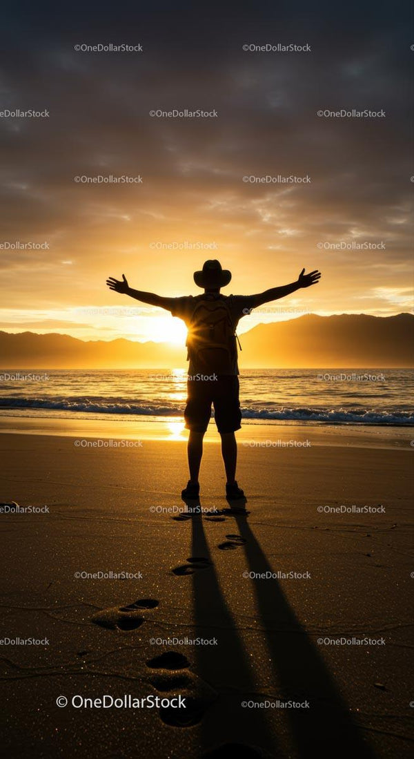 Silhouette of Traveler Embracing Sunset on Beach