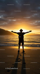 Traveler Embraces Sunset on a Serene Beach