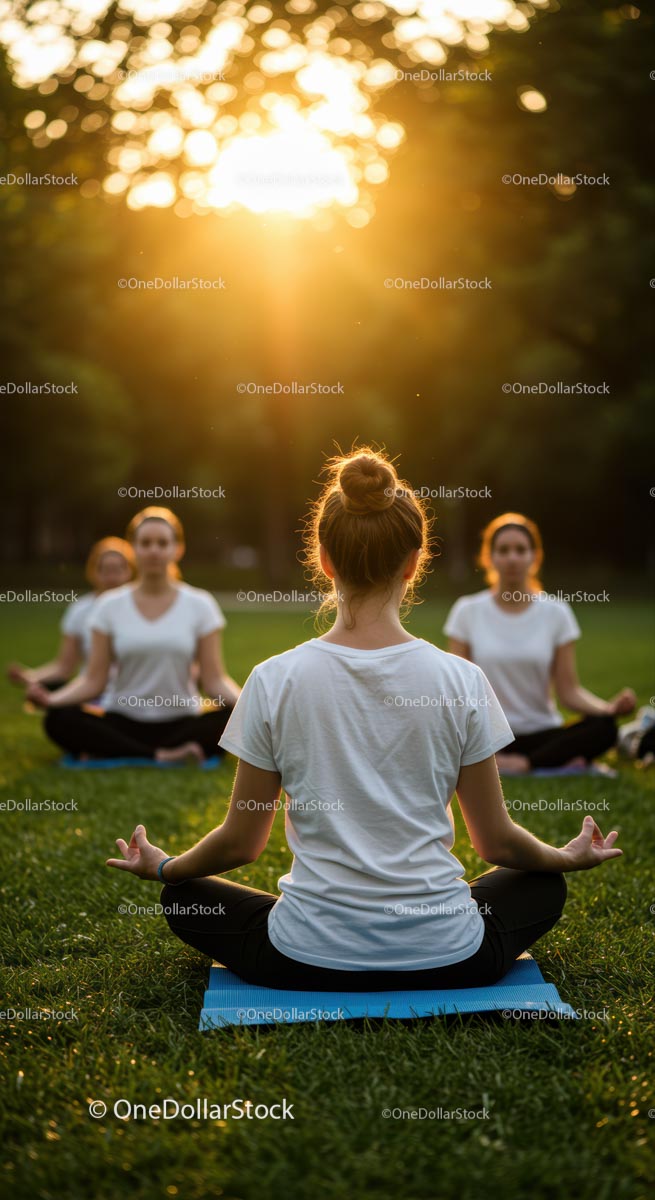 Women Meditating Outdoors at Sunset in a Grassy Park (12 Images)