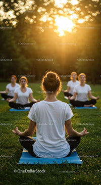 Women Meditating Outdoors at Sunset in a Grassy Park