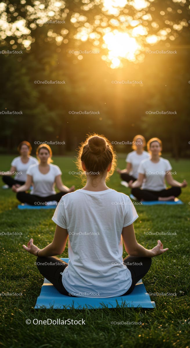 Women Meditating Outdoors at Sunset in a Grassy Park